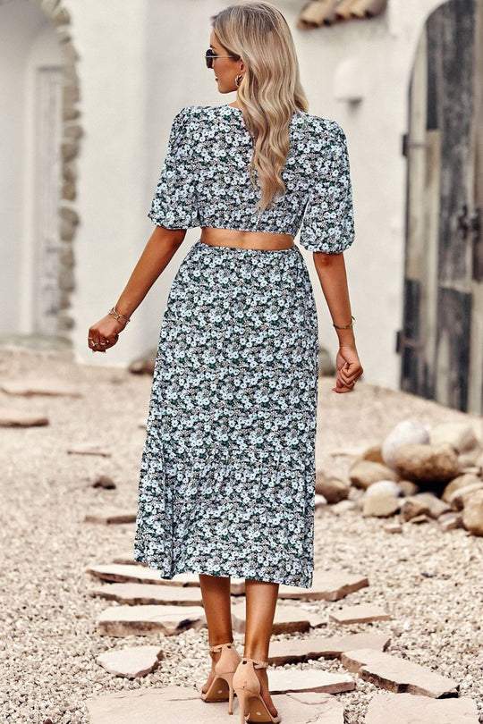Vrouwen Midi Jurk Met Puff Mouwen en Bloemenprint 1