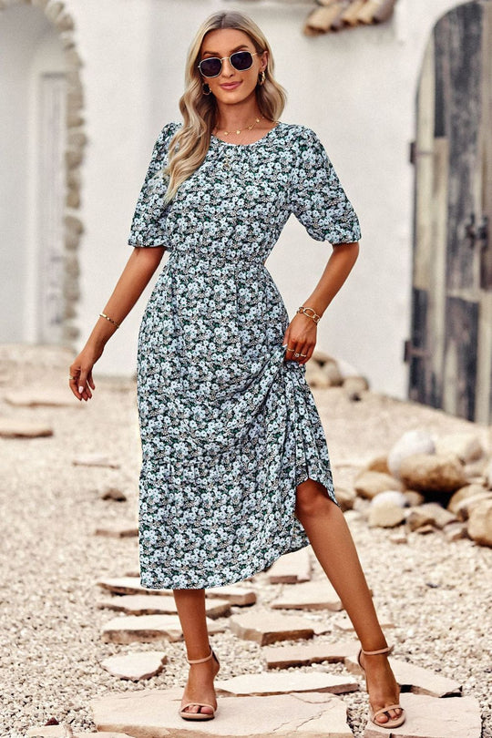 Vrouwen Midi Jurk Met Puff Mouwen en Bloemenprint 3