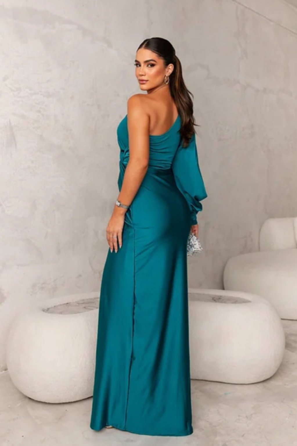 Vrouwen Satin Eén-Schouder Jurk Elegante Stijl 2