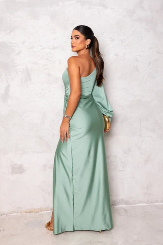 Vrouwen Satin Eén-Schouder Jurk Elegante Stijl 6