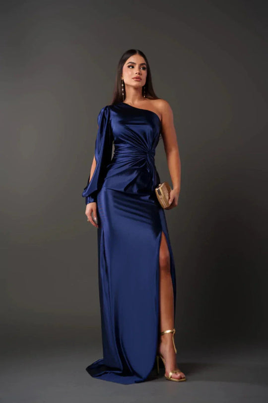 Vrouwen Satin Eén-Schouder Jurk Elegante Stijl 9