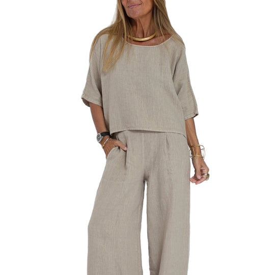Vrouwen Twee-Piece Set Linnenmix Ontspannen Pasvorm Korte Mouwen Top & Wijde Broek 0