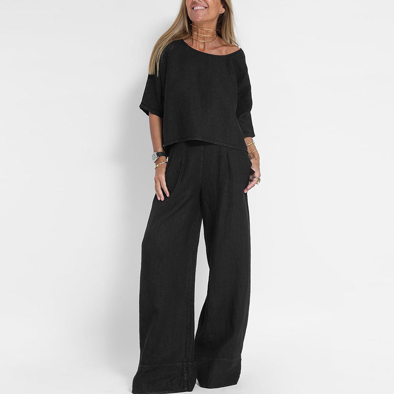 Vrouwen Twee-Piece Set Linnenmix Ontspannen Pasvorm Korte Mouwen Top & Wijde Broek 1