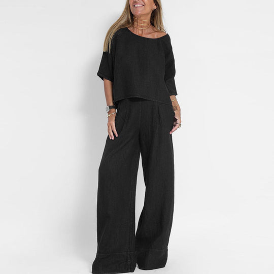 Vrouwen Twee-Piece Set Linnenmix Ontspannen Pasvorm Korte Mouwen Top & Wijde Broek 1