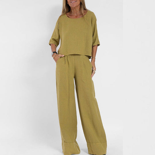 Vrouwen Twee-Piece Set Linnenmix Ontspannen Pasvorm Korte Mouwen Top & Wijde Broek 2