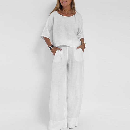 Vrouwen Twee-Piece Set Linnenmix Ontspannen Pasvorm Korte Mouwen Top & Wijde Broek 3