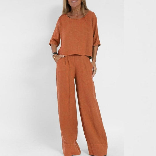 Vrouwen Twee-Piece Set Linnenmix Ontspannen Pasvorm Korte Mouwen Top & Wijde Broek 5