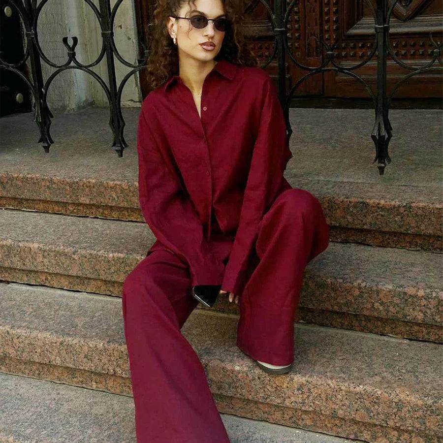 Vrouwen Twee-Piece Set Oversized Blouse en Wijde Pantalon Linnenmix 2