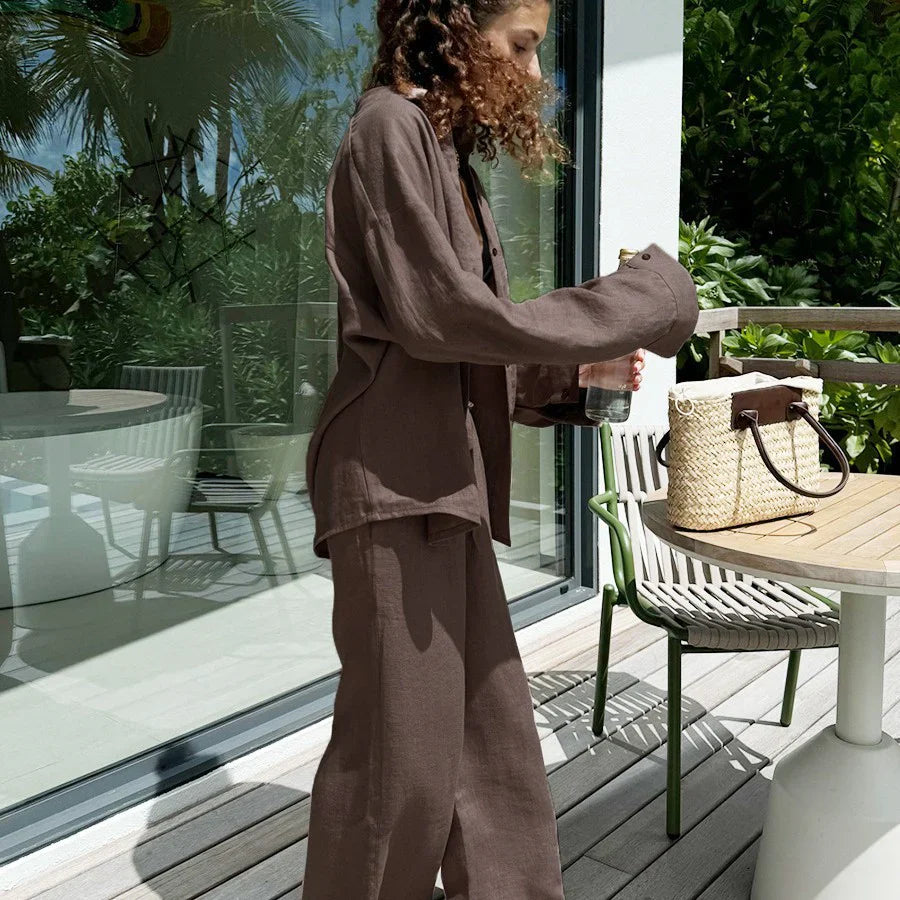 Vrouwen Twee-Piece Set Oversized Blouse en Wijde Pantalon Linnenmix 4
