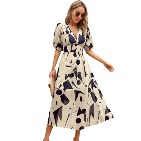 Vrouwen V-Hals Jurk Stijlvolle Print 0