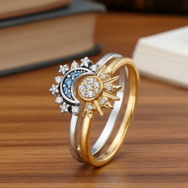 Zilveren Ring met Maan- en Zonontwerp 0