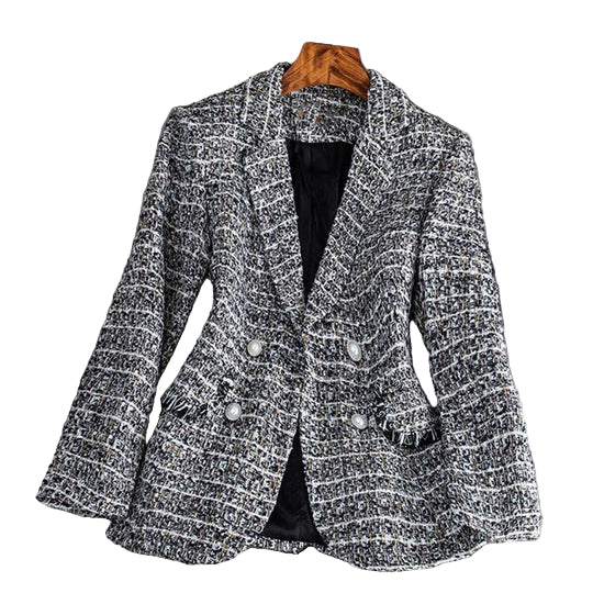 Zwarte Blazer Dames Tailored Fit Tweed Dubbelgeknoopt 0