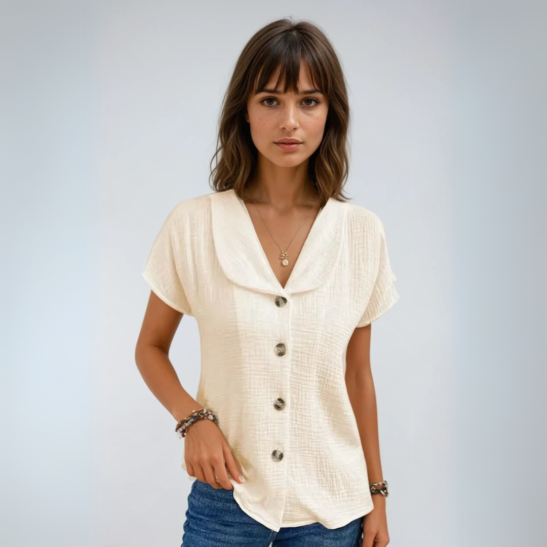 Zwarte Blouse Dames Met Kraag en Knopen Ademend Stof Relaxed Fit 1