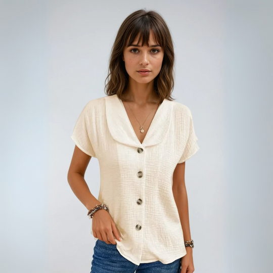 Zwarte Blouse Dames Met Kraag en Knopen Ademend Stof Relaxed Fit 1