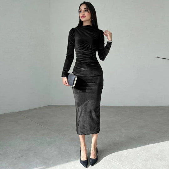 Dames fluwelen midi-jurk met lange mouwen