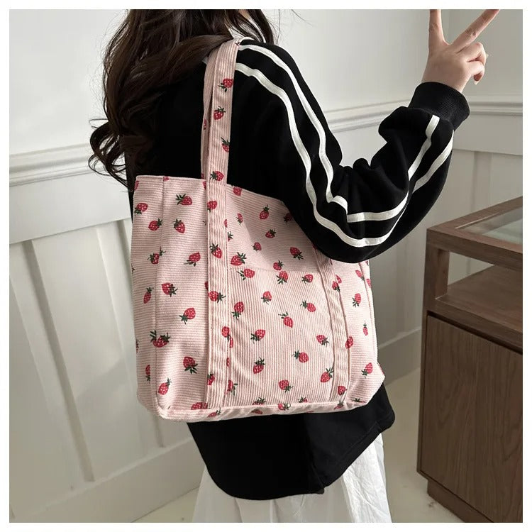 Dames Corduroy Aardbeienprint Schoudertas