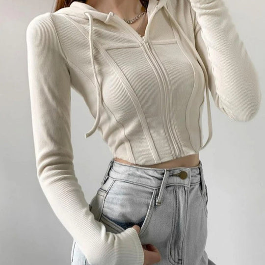 Dames Zip Up Crop Fitted Hoodie