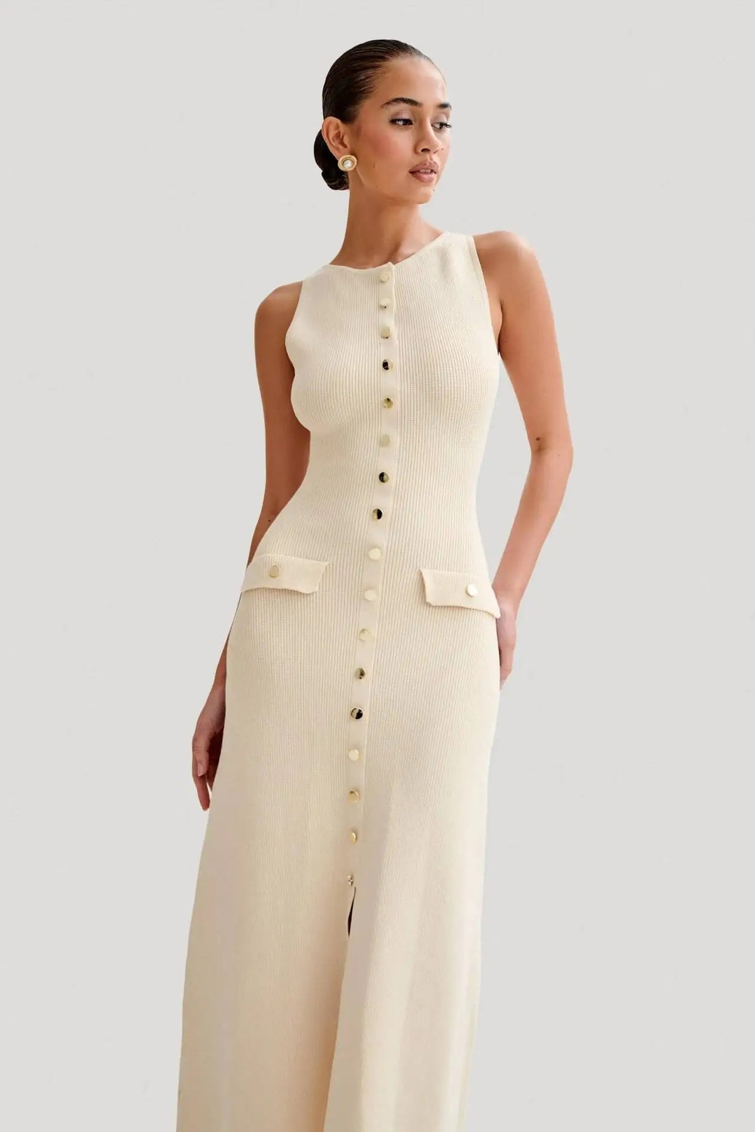 Knoopsluiting gebreide bodycon damesjurk