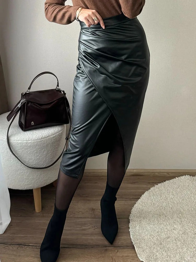 Midi-rok in imitatieleer voor dames