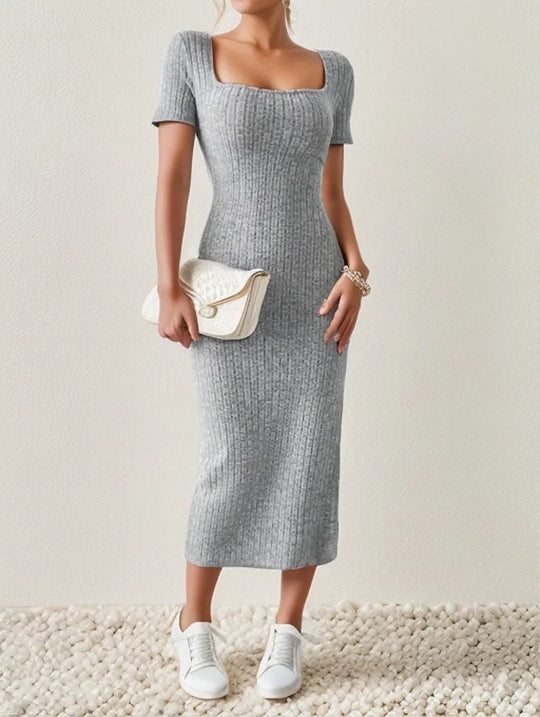 Vrouwen Vierkante Hals Gebreide Midi Dress