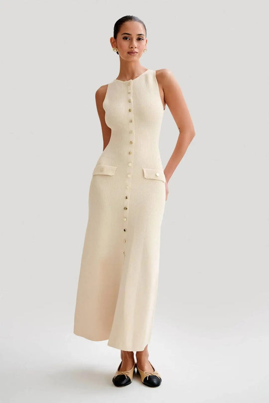 Dames gebreide mouwloze bodycon jurk met knopen