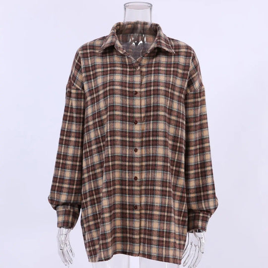 Vintage geruite damesblouse met lange mouwen