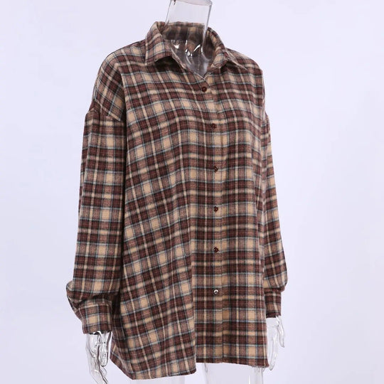 Vintage geruite damesblouse met lange mouwen