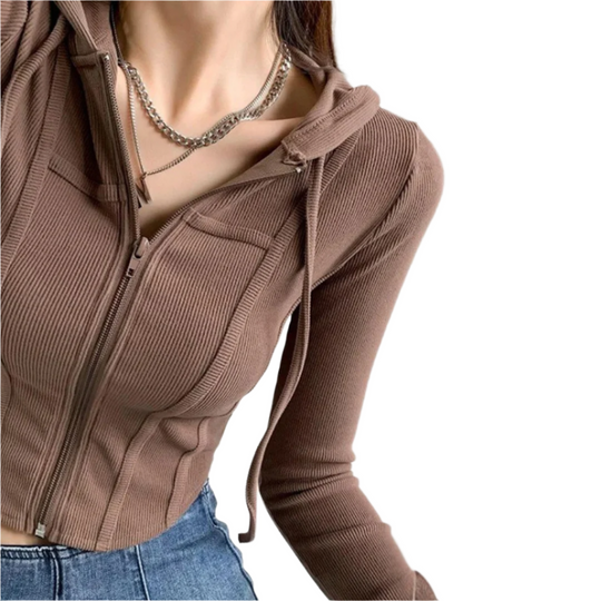 Dames Zip Up Crop Fitted Hoodie