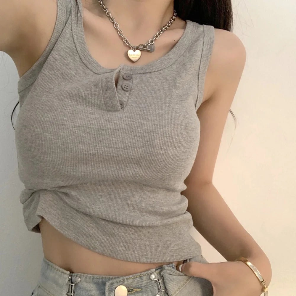 Geribbeld tanktopje met knoopjes voor dames