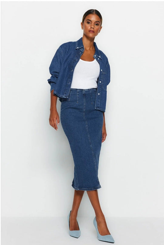 Dames Midi Koker Denim Rok