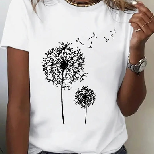 Paardebloem Print Crew Hals T-shirt