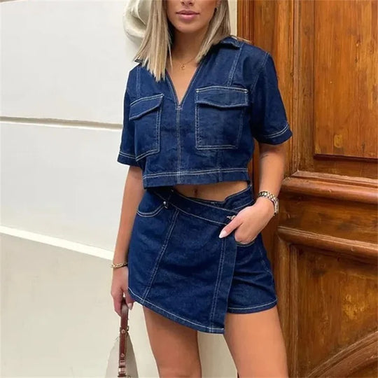 Dames Denim Rok & Korte Mouw Gecropt Shirt
