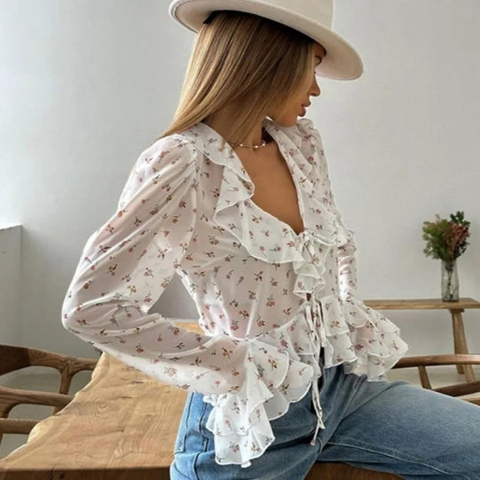 Damesblouse met V-hals en Chiffon print