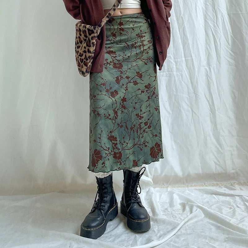 Vintage midi-rok met bloemenprint