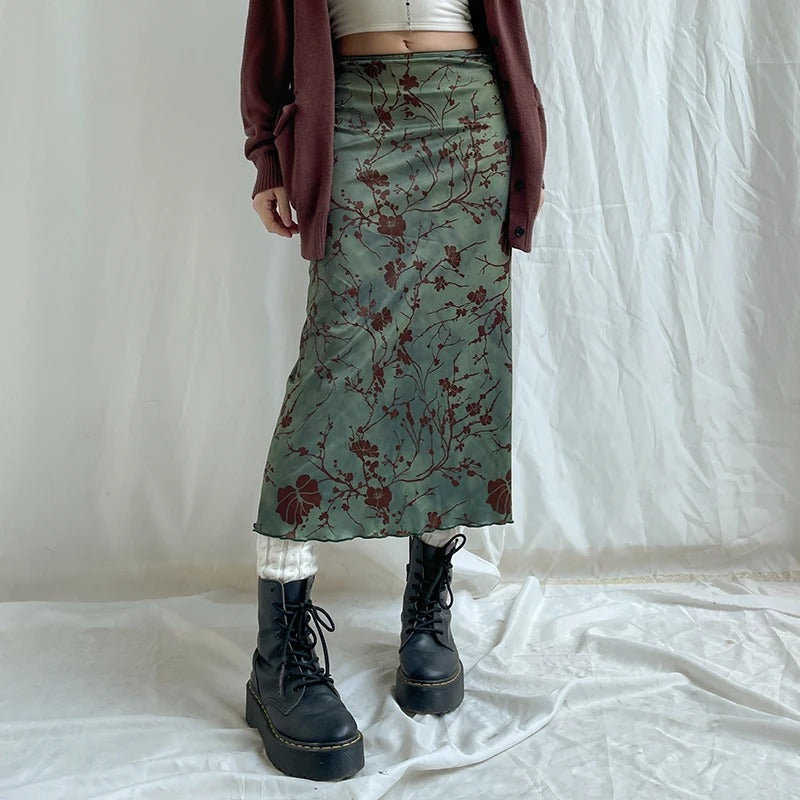 Vintage midi-rok met bloemenprint