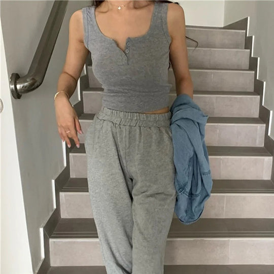 Geribbeld tanktopje met knoopjes voor dames