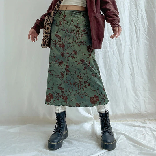 Vintage midi-rok met bloemenprint
