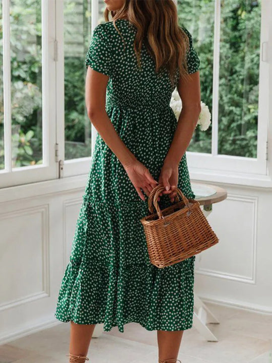 Dames Maxi Dress met Vierkante Hals en Bloemige Pofmouwen