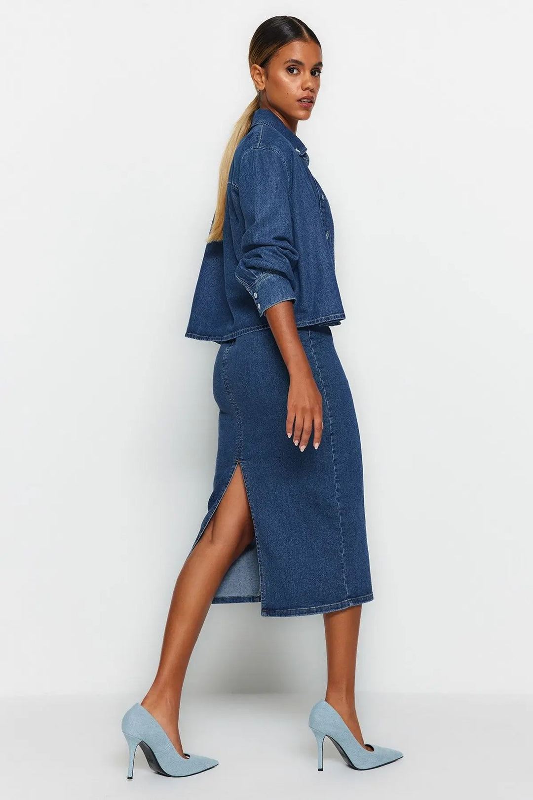 Dames Midi Koker Denim Rok