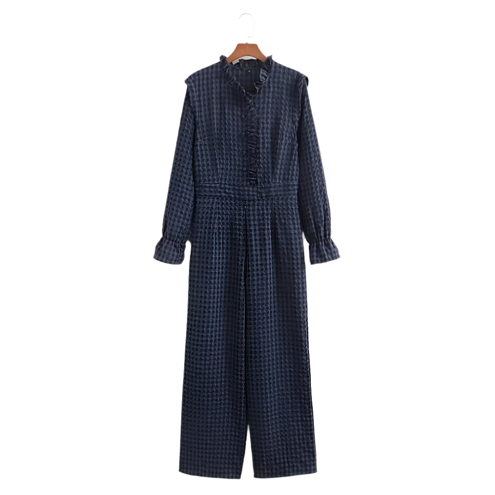 Geruite damesjumpsuit met bubbelmouwen
