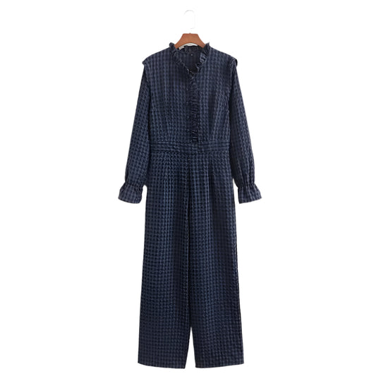 Geruite damesjumpsuit met bubbelmouwen