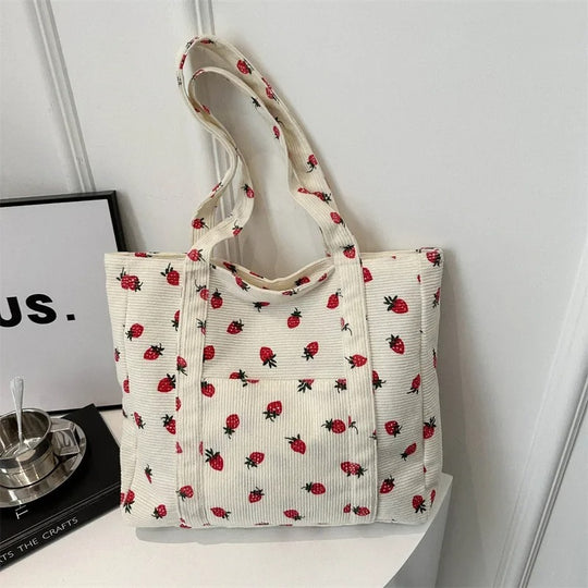 Dames Corduroy Aardbeienprint Schoudertas