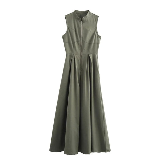Vrouwen Mouwloze Ritssluiting Geplooide Bodycon Midi Dress