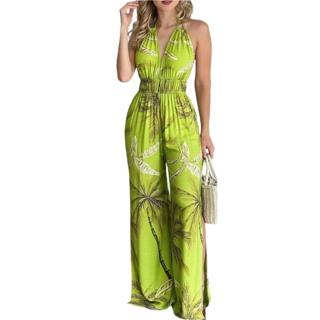 Kleurrijke jumpsuit met digitale print en V-hals