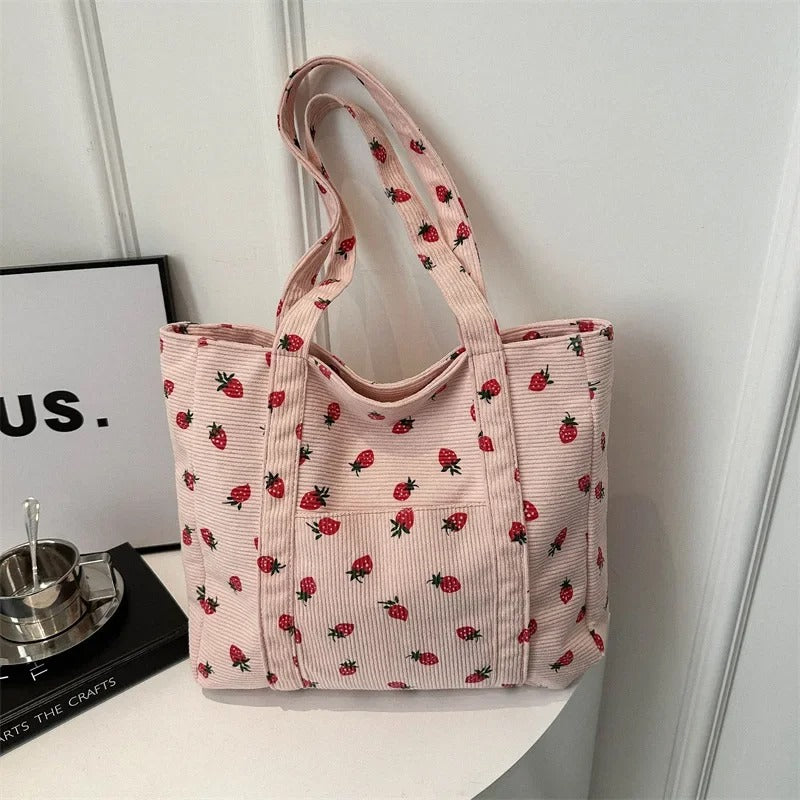 Dames Corduroy Aardbeienprint Schoudertas