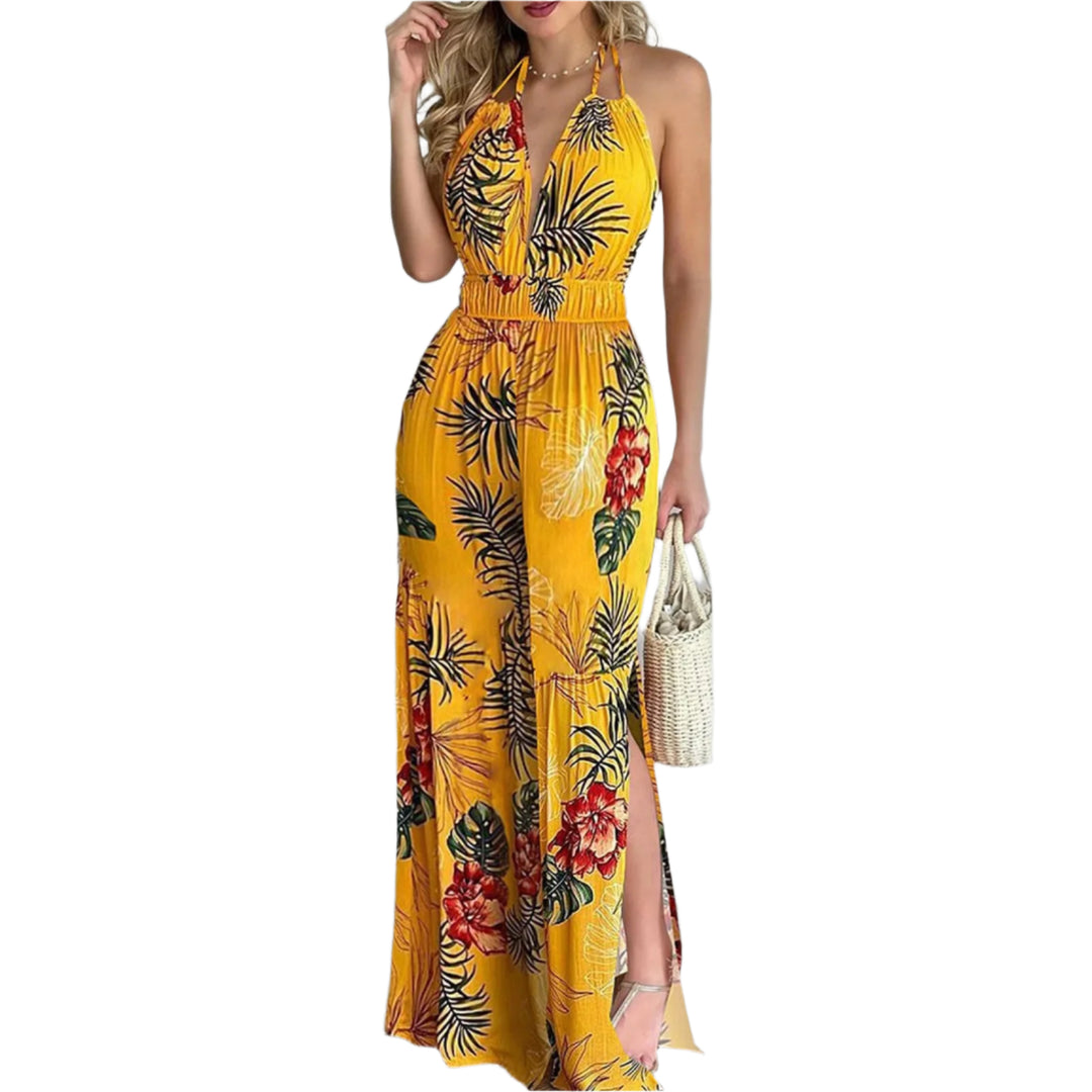 Kleurrijke jumpsuit met digitale print en V-hals