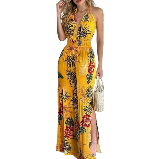 Kleurrijke jumpsuit met digitale print en V-hals
