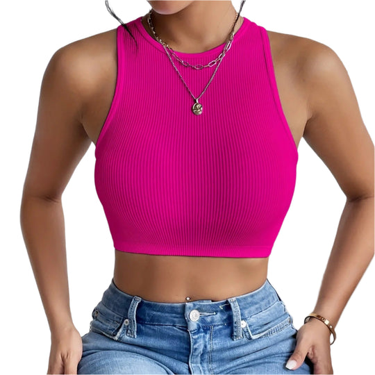 Dames ribgebreide mouwloze elastische crop top