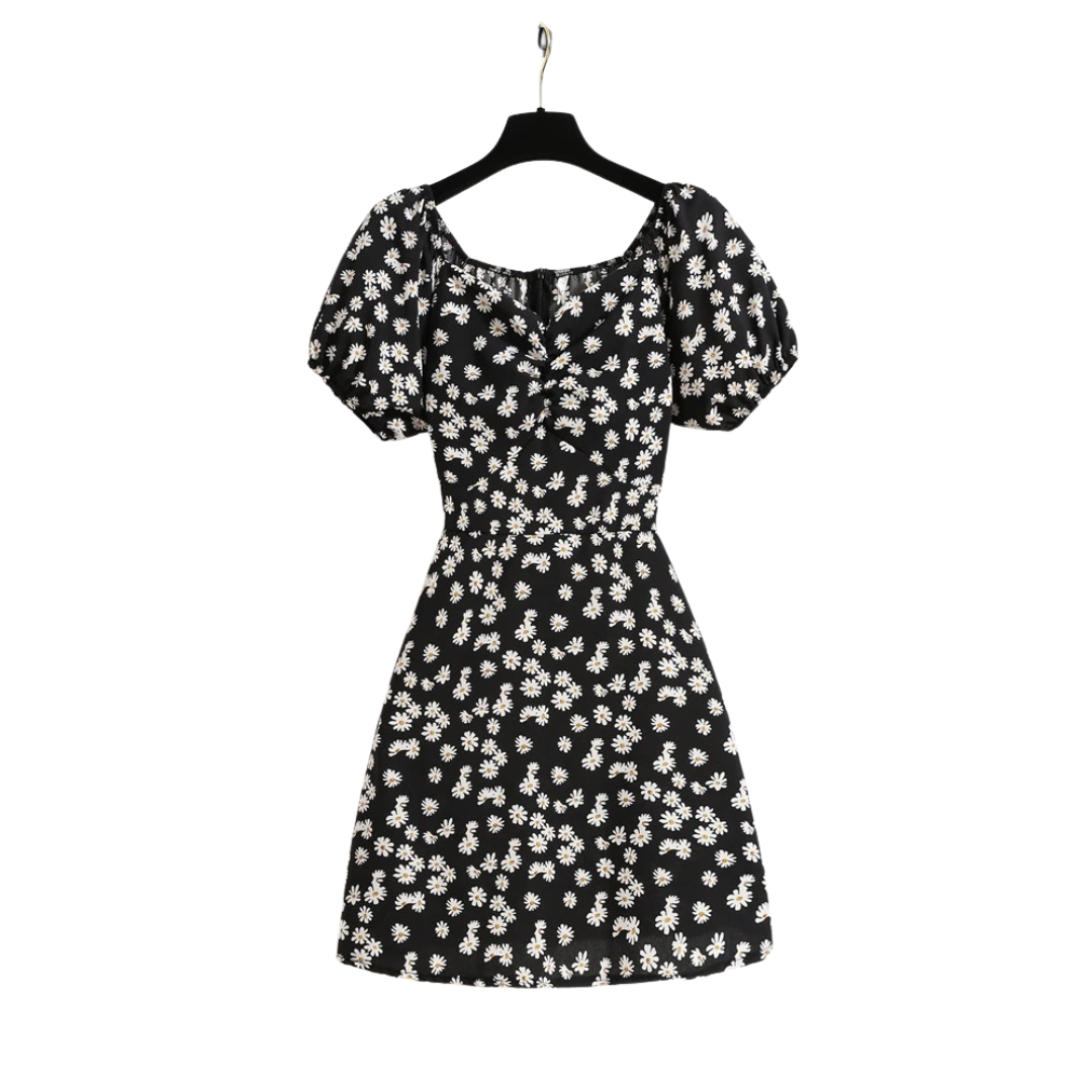 Damesjurk met gebloemde chiffon pofmouwen