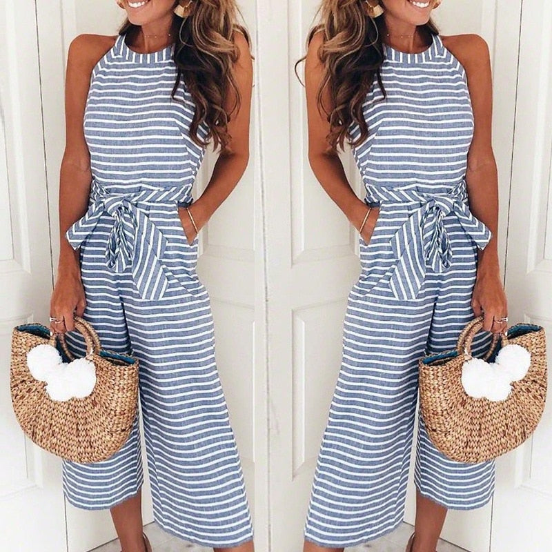 Vrouwen Gestreepte Taille Gordel Wijde Pijpen Jumpsuit Belleza